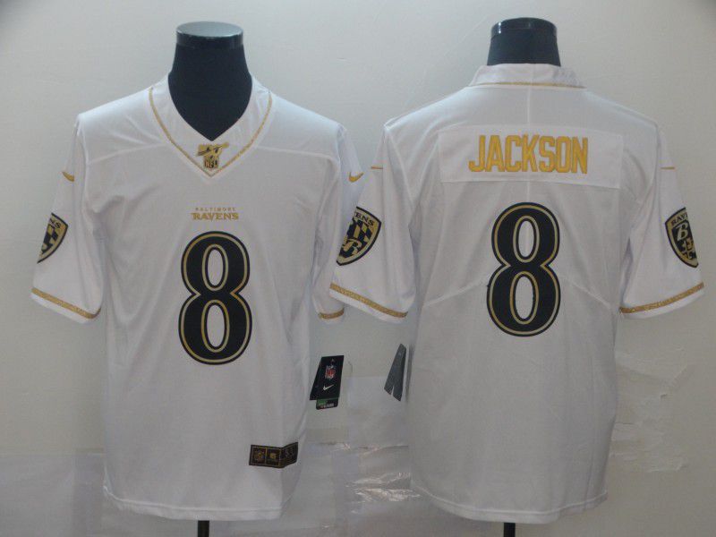 Men Baltimore Ravens 8 Jackson White Retro gold character Nike NFL Jerseys